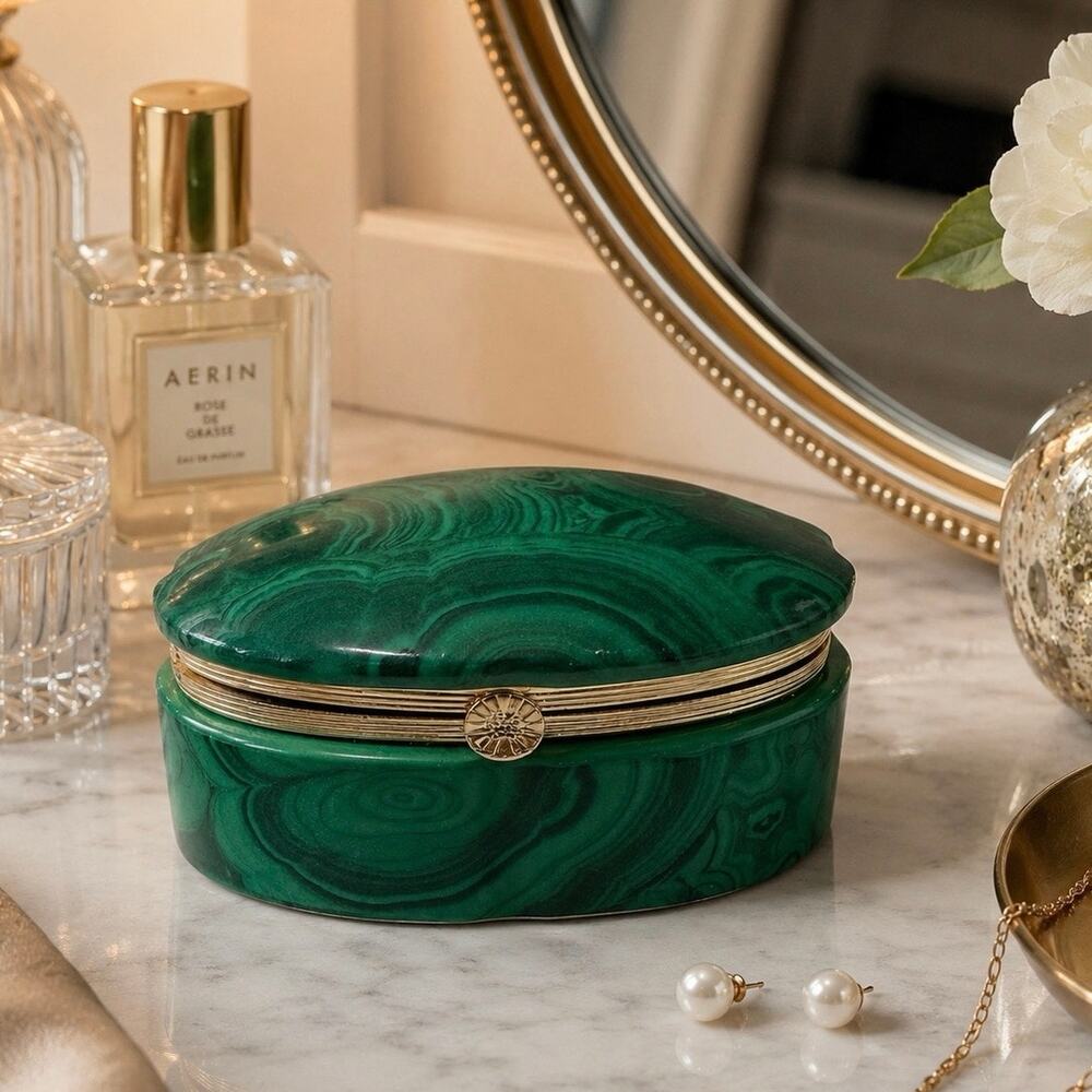 Andrea by Sadek 7496 Rare Faux Malachite Porcelain and Brass Green Trinket Box